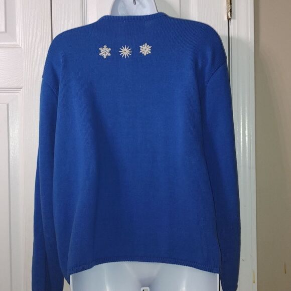 Tia Designs blue cardigan embroidered white snowflakes winter snow Sz L - Picture 3 of 5
